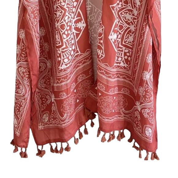 Posh N' Posy Women's Tassel Trim Mandala Kimono Beach Coverup Shawl Side Slit OS - Picture 4 of 9